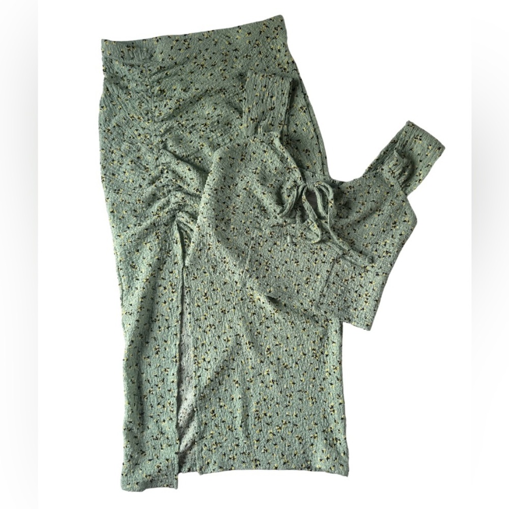 No Boundaries Green Floral Textured Crop Top & Midi Skirt Set
